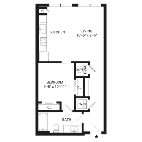 Floor plan for studio, 1 bath, 606 sqft